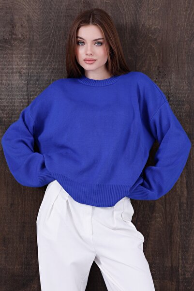 Kırlangıç Moda Cobalt Blue Oversized Crew Neck Women's Knitwear Sweater