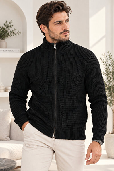 H&E LUXURY DESIGN Erkek Triko Kazak Fermuarlı Dik Yaka Kalın Örgü Dokulu Slim...