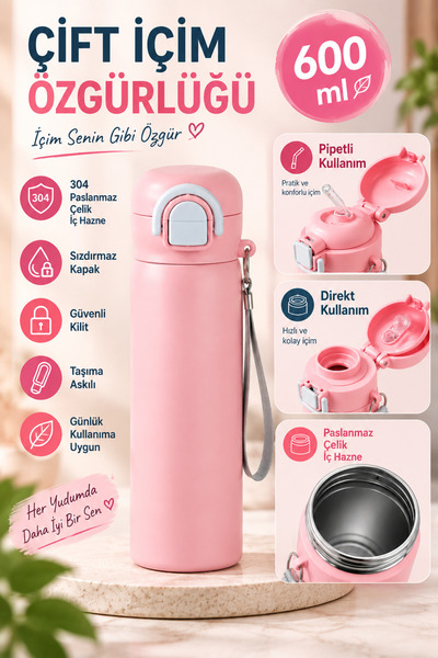 VEROKSA Siply 600 ML Çelik Su Matarası – 304 Paslanmaz Çelik, Kilitli Düğmeli...