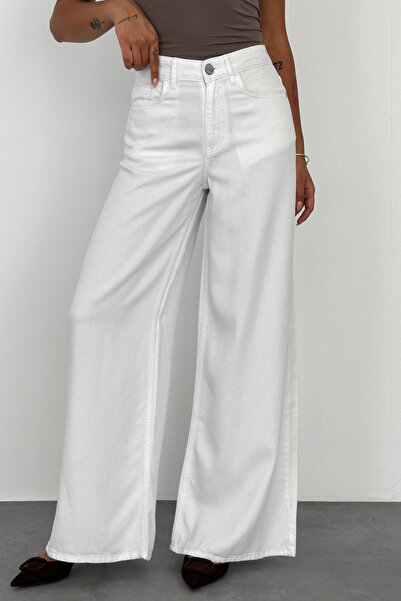 HLT JEANS Beyaz Kadın Wide Leg Jean %100 Pamuklu Yüksek Bel Palazzo Kot Panto...