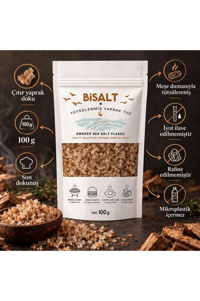Bisalt İsli Yaprak Tuz 100 g - Gurme Füme Bitiş Tuzu - Steak, Izgara ve Et Ye...