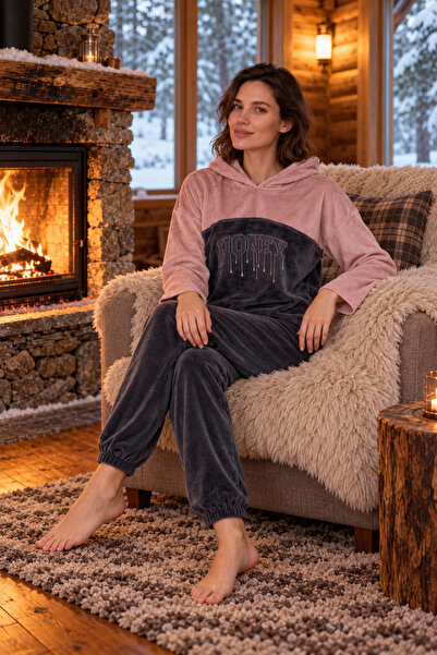 ELİTOL Kadife Honey Hooded Women's Home Set – Dusty Rose Anthracite