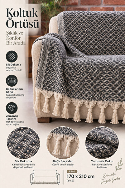 LADYNİL Black Sofa Cover with Star Border | Sofa Shawl 180x210 Cotton