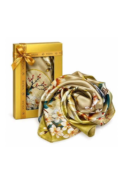 velve Women's premium scarf with floral motifs, 70 x 70 cm, Gilded beige