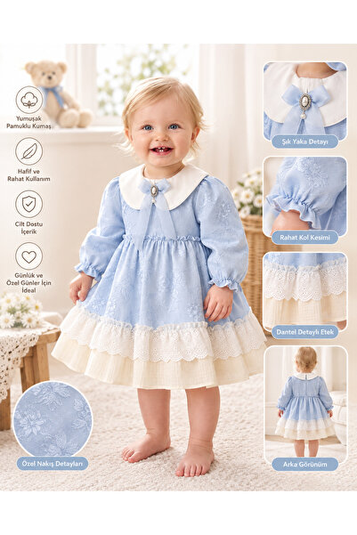 tinymini.co NOYNOY BABY KIZ BEBEK YAKA DETAYLI ÇİFT RENK MAVİ ELBİSE ÖZEL GÜN...