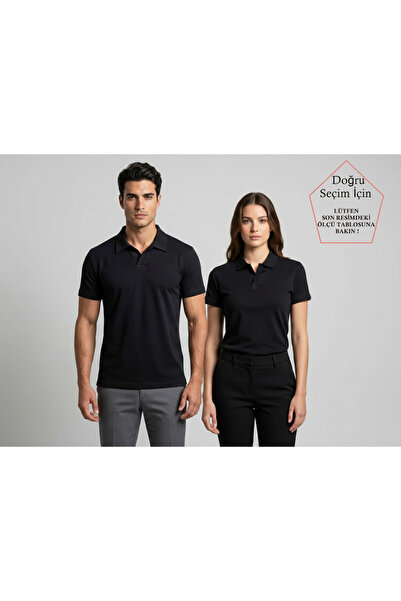 SmallTouch Unisex Oversize Kalıp Düğmesiz Siyah Polo Yaka Tişört