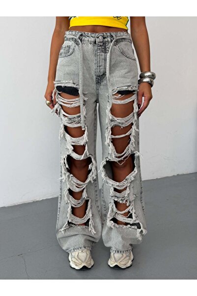 HerTon Women's High Waist Multi-Ripped Baggy Wide Leg Jean Pants
