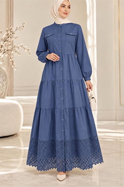 VELLICHOR Lace Natural Fabric Full-Button Denim Dress Indigo