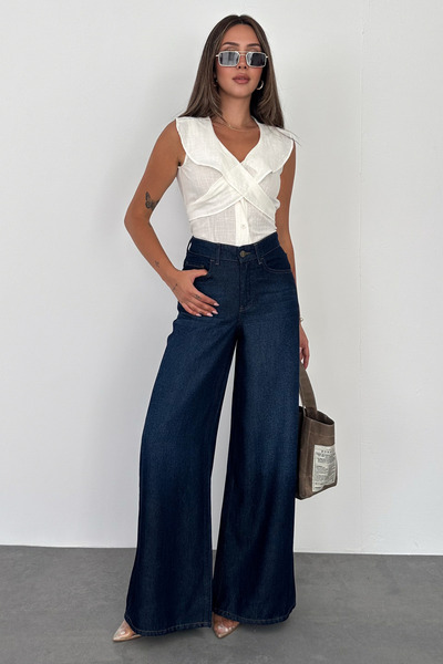 HLT JEANS Koyu Mavi Kadın Extra Wide Leg Jean %100 Tencel Dökümlü Yüksek Bel ...