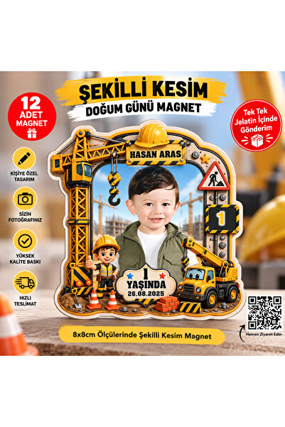 Elara Tasarım İnşaat Temalı 12 Adet Fotoğraflı Kişiye özel Doğum Günü Magnet ...