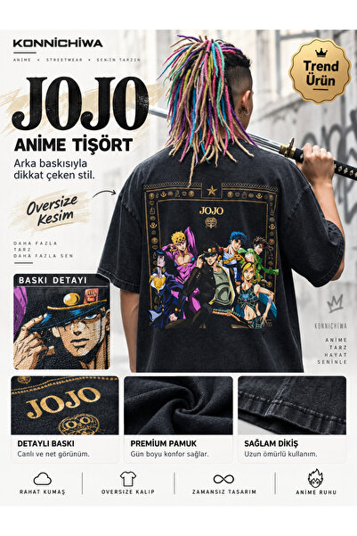 FG KONNİCHİWA KONNİCHİWA JoJo’s Bizarre Adventure Karakter Baskılı Siyah Over...