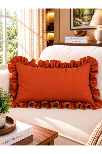 Decamor home İnci Vintage Brick Color Ruffled Throw Pillow Cover