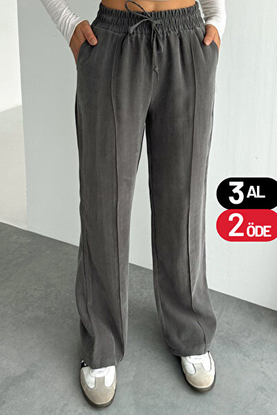 noov Women's Elastic Waist Lace-Up Striped Palazzo Gabardine Trousers 6023 Kh...