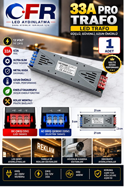 CFR LED AYDINLATMA 12V 360W 33 Amper Çift Girişli 220V Slim Metal Kasa Led Ad...