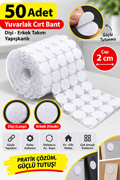 Dünya Magnet 50 Adet Yuvarlak Cırt Bant 2 cm Beyaz Yapışkanlı Dişi Erkek Takım Güçlü Cırt