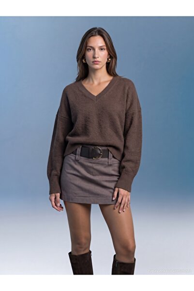 Dilvin 10645 V-Neck Soft Textured Knit Sweater-Brown