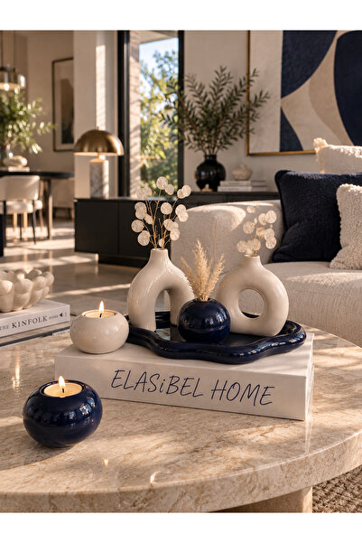 ELASİBEL HOME Lacivert Minimal Vazo, Seti Tealight Mumluklu 6 Parça Set