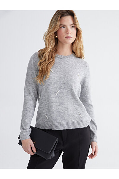 LC Waikiki Lcw Comfort Gray Knitwear Embroidered Sweater with Nevavm Difference
