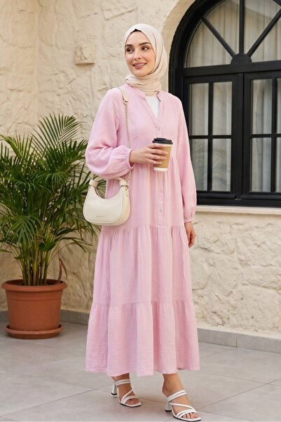 Modamorfo V-Neck Half-Buttoned Muslin Dress with Elastic Sleeves and Pieces -...