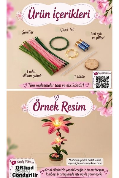hyc heryerçiçeklenir Bellflower Night Light Kit Set, Color Pastel Pink, Feathered Chenille Set from Wire Chenille