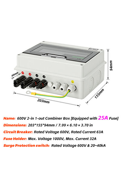Choice3 25A DC FUSE Solar photovoltaic PV Combiner Box With Ground Wire Light...