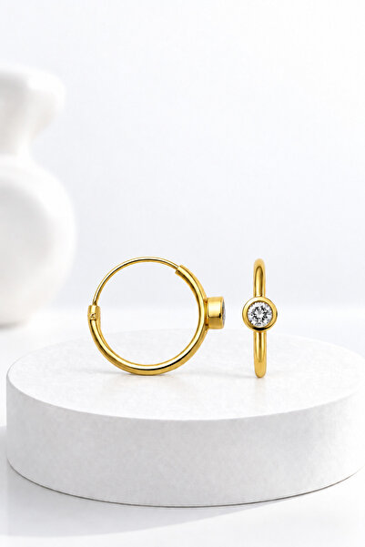 jelux silver Gümüş 925 Ayar 12 MM Minimal Zirkon Taşlı Halka Gold Kadın Küpe