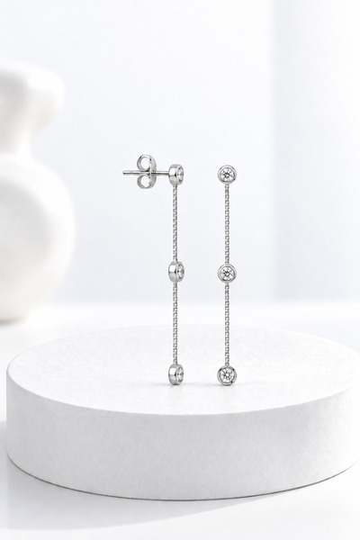 jelux silver Gümüş 925 Ayar Üçlü Zirkon Taşlı Sallantılı Çivili Küpe