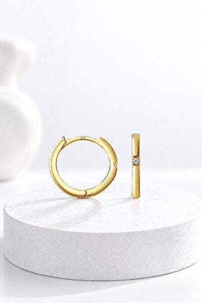 jelux silver Gümüş 925 Ayar Tek Taşlı 16 Mm Zirkon Taşlı Halka Gold Küpe