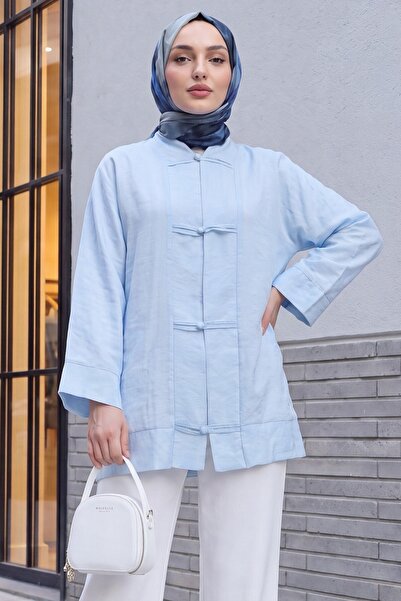 Modamorfo Piping Buttoned V-Neck Organza Voile Oversize Kimono - Baby Blue