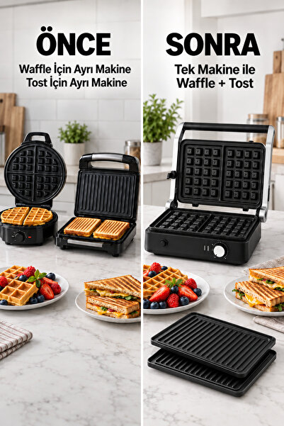 ByKurt Waffle Makinesi Tost Izgara Plakaları Hediyeli 180° Açılır