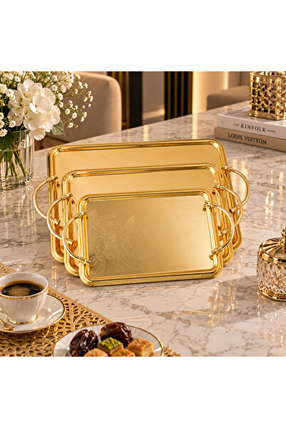 Dania Luxury Gold Serving Tray Set of 3 Rectangular with Handles & Floral Eng...