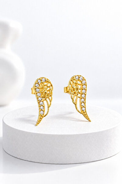jelux silver Gümüş 925 Ayar Zirkon Taşlı Melek Kanadı Çivili Gold Küpe