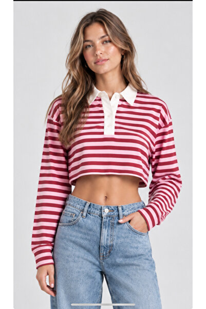 Kadın Kırmızı Pembe Çizgili Polo Yaka Crop Uzun Kollu Bluz
