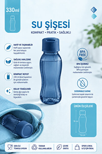 BYTA 330 ml BPA İçermeyen Şeffaf Su Şişesi Sızdırmaz Kapaklı Matara Mavi