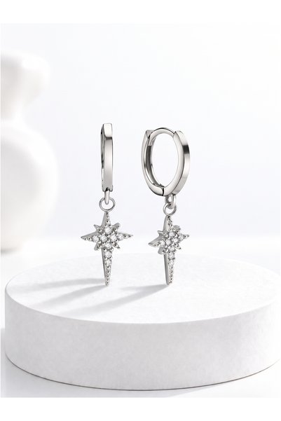 jelux silver Gümüş 925 Ayar Nova Yıldız Zirkon Taşlı Halkalı Küpe