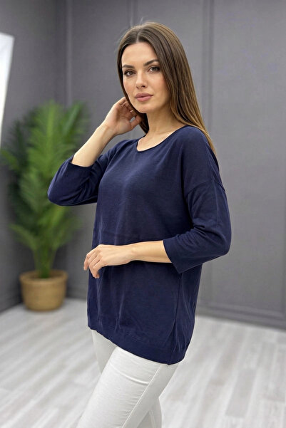Bİ.GİYSEN Kadın Lacivert Kayık Yaka Likralı İnce % 100 PAMUK İPLİK Triko Bluz