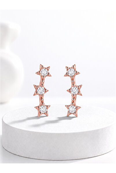 jelux silver Gümüş 925 Ayar Triple Star Zirkon Taşlı Çivili Rose Küpe