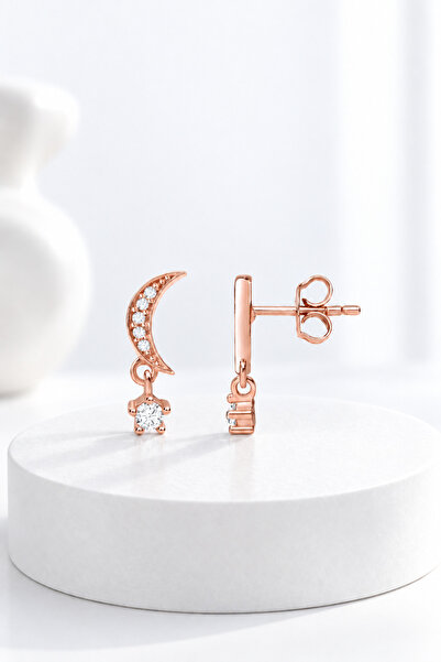 jelux silver Gümüş 925 Ayar Ay Yıldız Zirkon Taşlı Çivili Rose Küpe