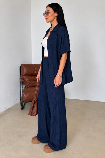 Mivoon Textured Wrinkled Fabric Textured Women's Top and Bottom Shirt Pants Set