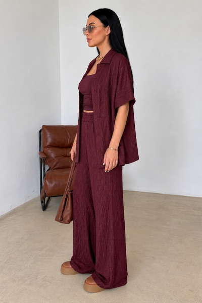 Mivoon Textured Wrinkled Fabric Textured Women's Top and Bottom Shirt Pants Set