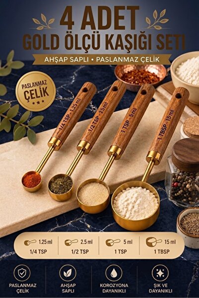 MirzaQ 4 Adet Gold Paslanmaz Çelik Ahşap Saplı Ölçü Kaşığı Seti Ölçü Kabı 1.2...