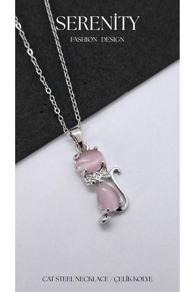 Serenity Pink Opal Stone Cat Figure Steel Necklace