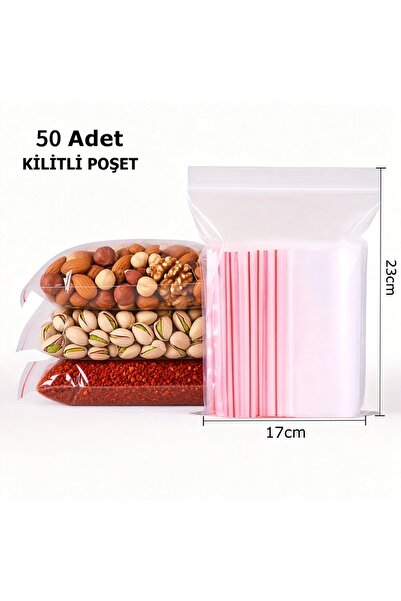 HG Tedarik 50 Adet 17X23 Cm Şeffaf Kilitli Poşet, Çerez Kuruyemiş Bakliyat Po...