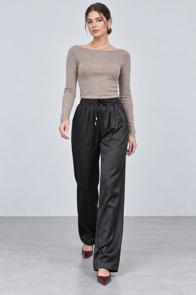 FAARKCOLLECTİON Women's Black High Waist Satin Trousers