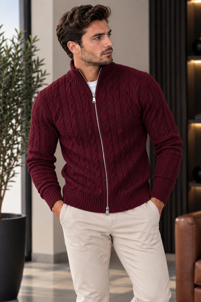 H&E LUXURY DESIGN Men's Hair Knit Patterned Jacket with Zipper Detail