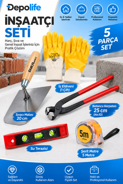 Depolife Inşaatcı Harç Sıvacı Malası 25cm Betoncu Kerpeteni Su Terazisi 5 Met...