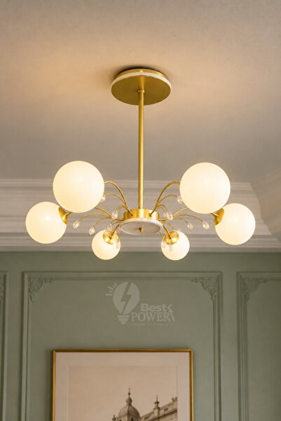 best power Modern Gold Ceiling Chandelier 6 Glass Balls - Sputnik Design - E27
