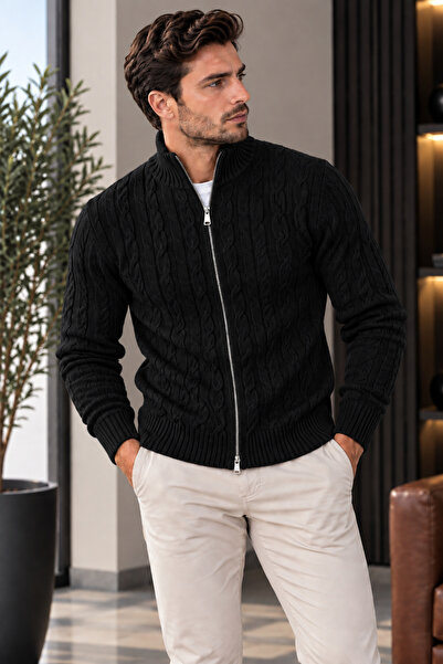 H&E LUXURY DESIGN Erkek Saç Örgü Desenli Fermuar Detaylı Ceket