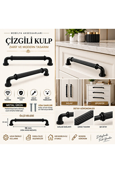 EMSALtasarım Yakut Siyah Modern Lüks Mobilya Dolap Çekmece Kulpları 160 Mm-ya...