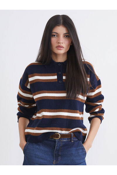 LC Waikiki Nevavm Lcw Vision Navy Blue Polo Collar Striped Women's Knitwear S...